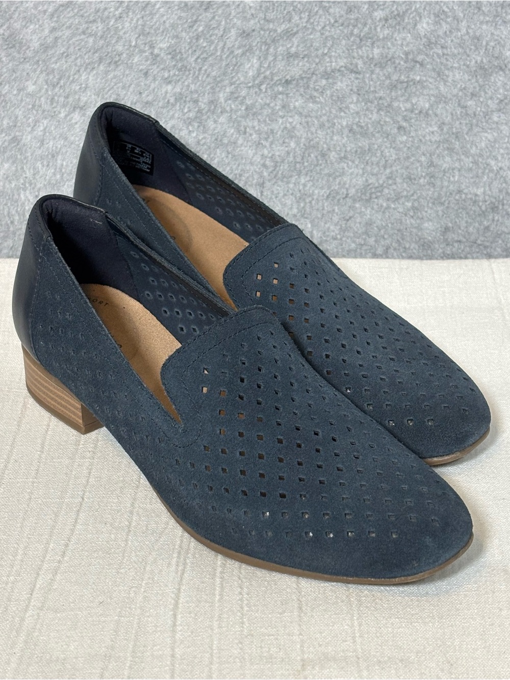Clarks Collection Juliet Hayes Perforated Suede Loafers-Navy-Women Size 8.5